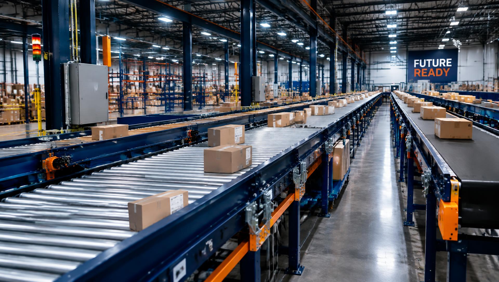 Roller and belt conveyor lines in a warehouse